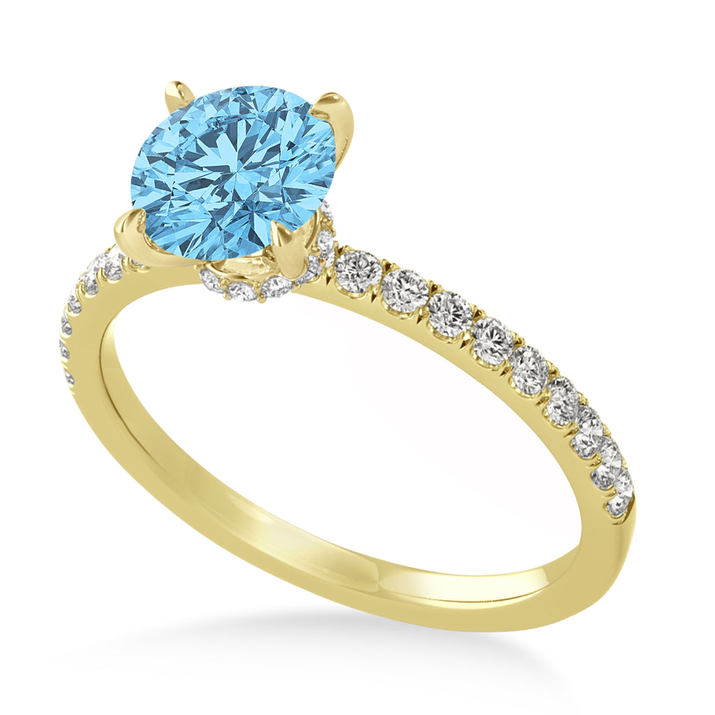 Round Blue Topaz & Diamond Single Row Hidden Halo Engagement Ring 14k Yellow Gold (1.25ct)