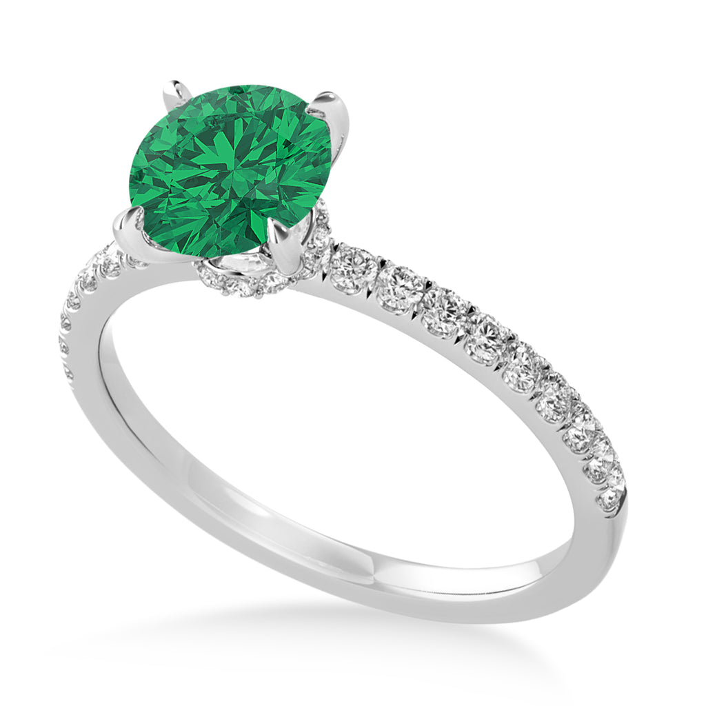 Round Emerald & Diamond Single Row Hidden Halo Engagement Ring 18k White Gold (1.25ct)