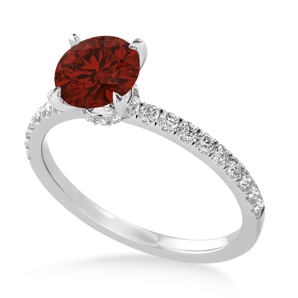 Round Garnet & Diamond Single Row Hidden Halo Engagement Ring 14k White Gold (1.25ct)