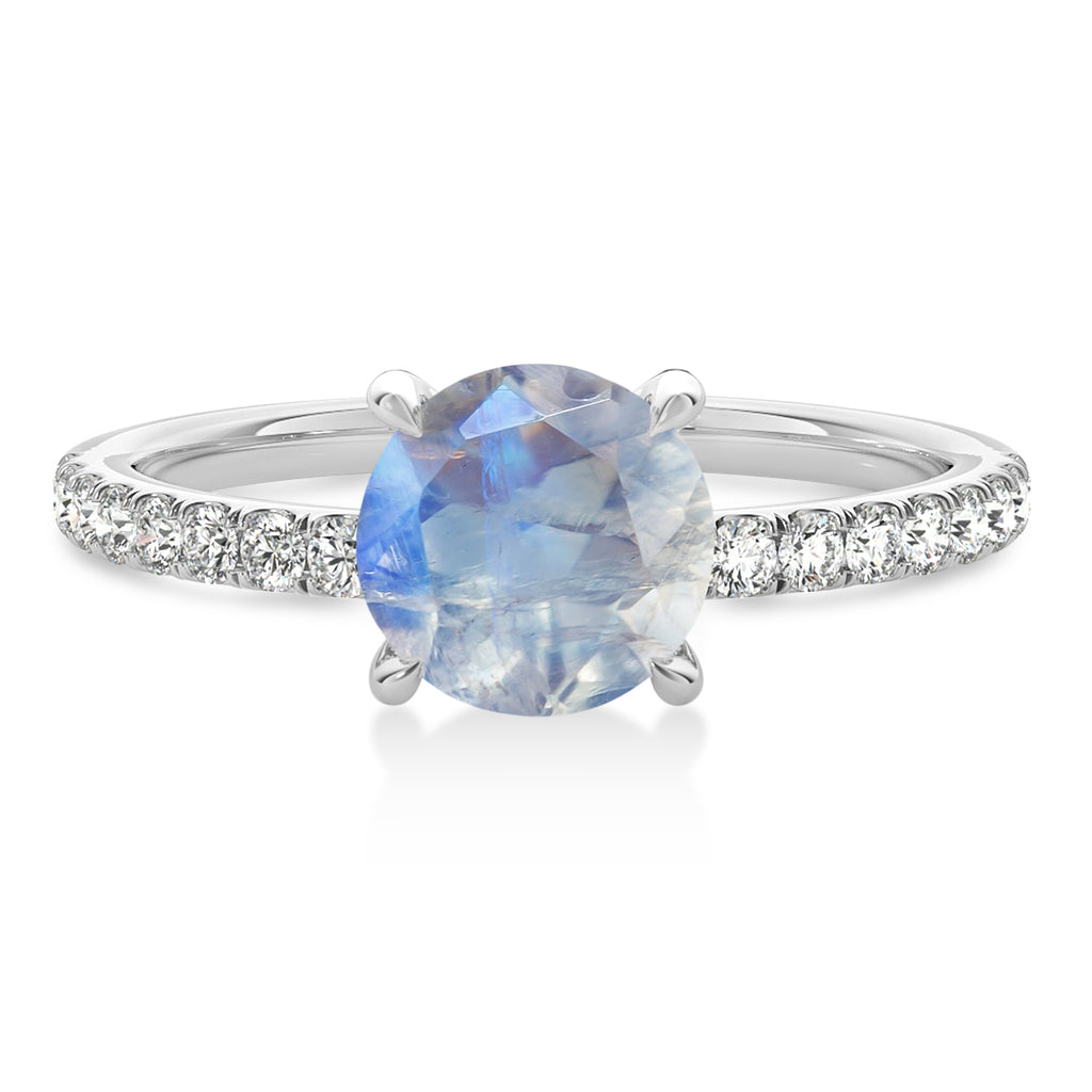 Round Moonstone & Diamond Single Row Hidden Halo Engagement Ring 18k White Gold (1.25ct)