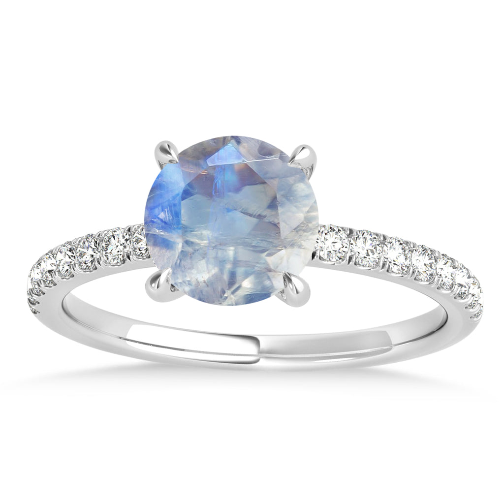 Round Moonstone & Diamond Single Row Hidden Halo Engagement Ring 18k White Gold (1.25ct)