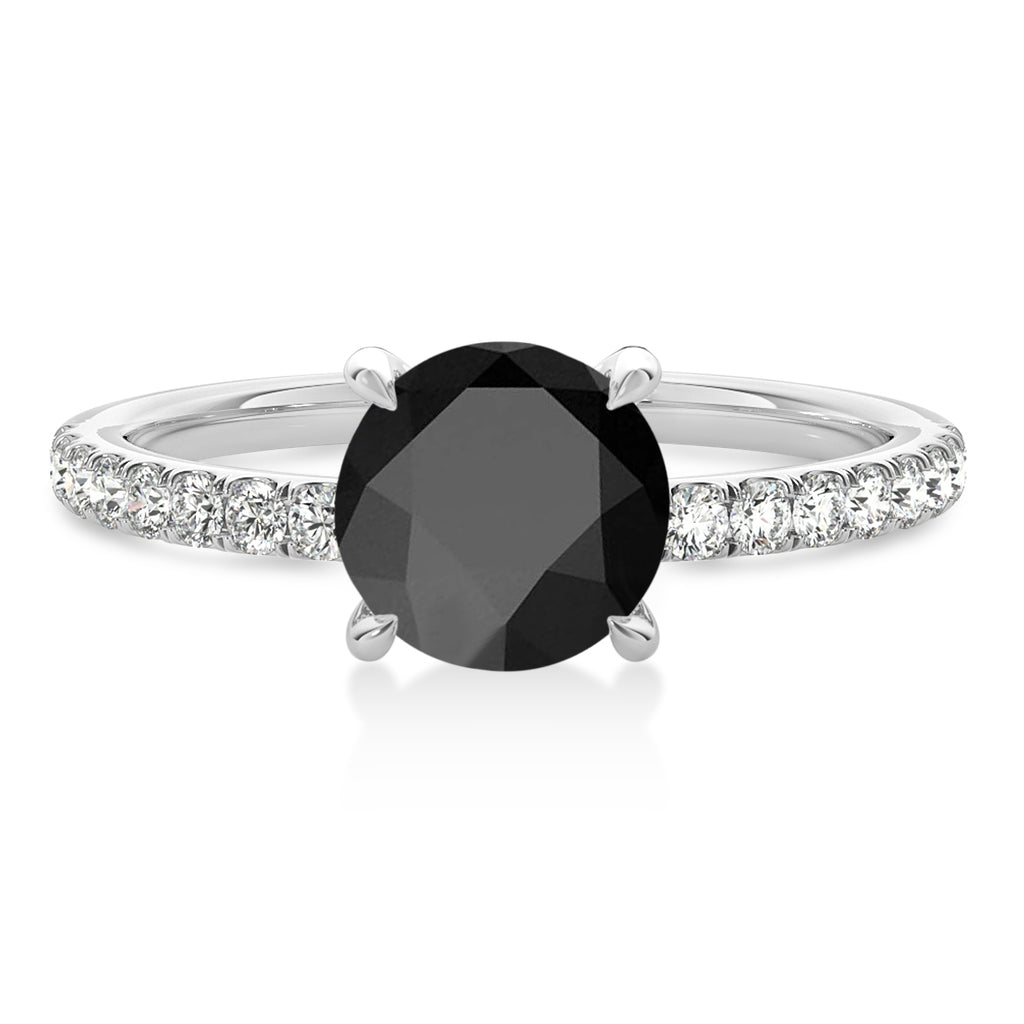Round Onyx & Diamond Single Row Hidden Halo Engagement Ring 14k White Gold (1.25ct)