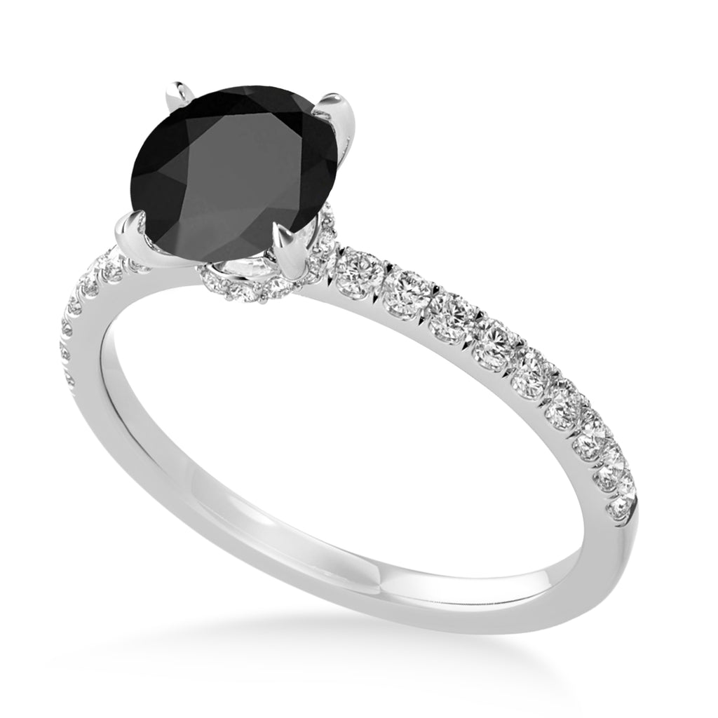 Round Onyx & Diamond Single Row Hidden Halo Engagement Ring 14k White Gold (1.25ct)