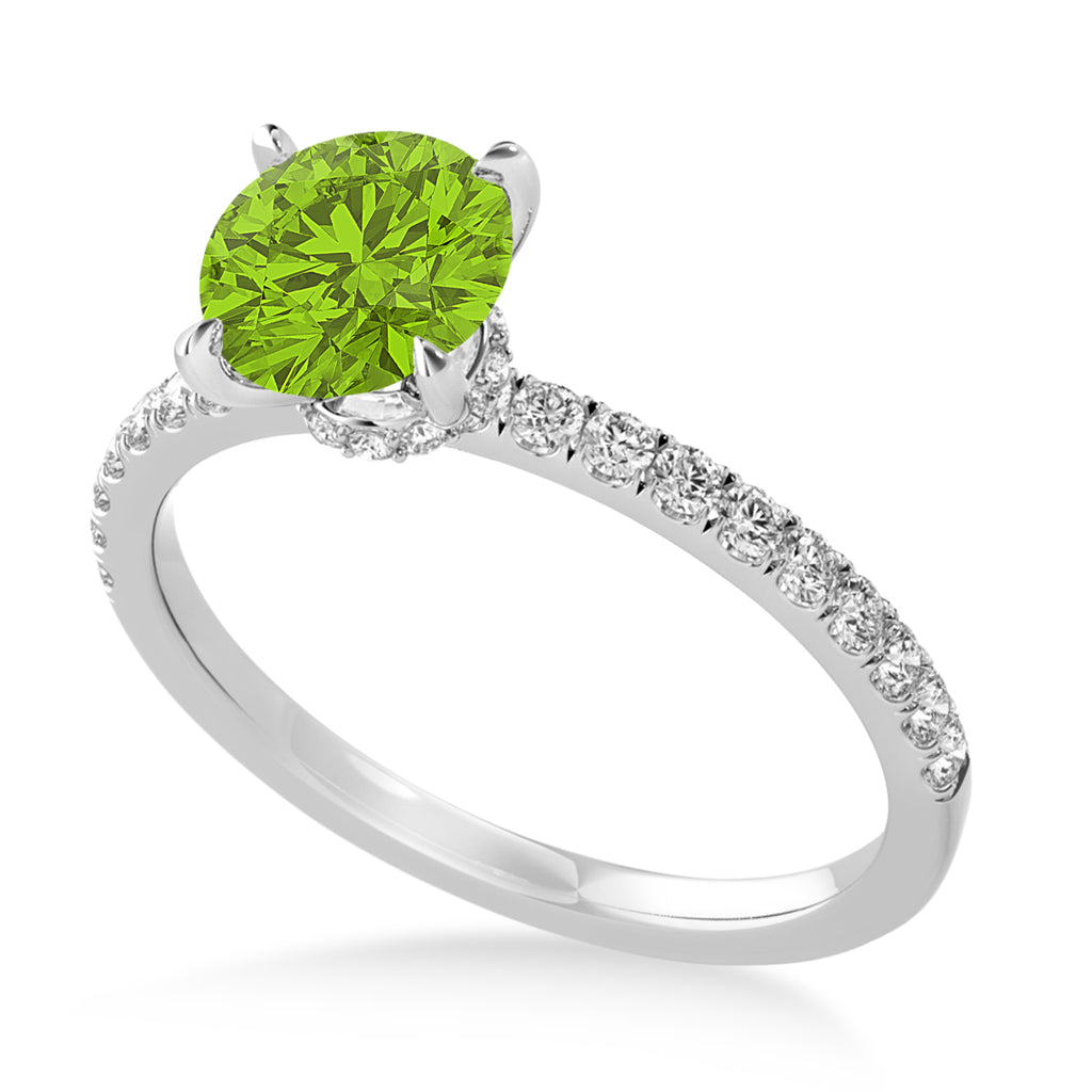 Round Peridot & Diamond Single Row Hidden Halo Engagement Ring 14k White Gold (1.25ct)