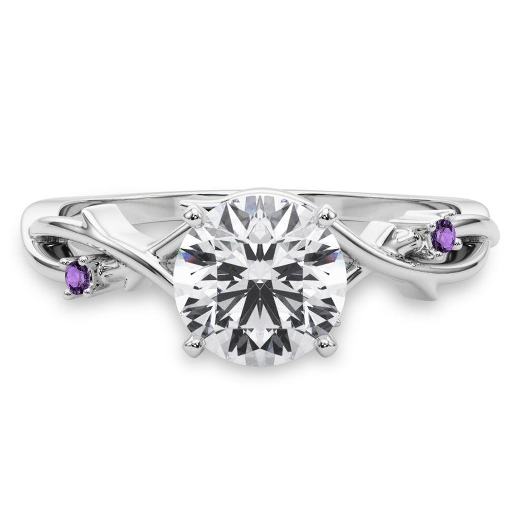 Amethyst Vine Leaf Solitaire Engagement Ring 14K White Gold (0.02ct)