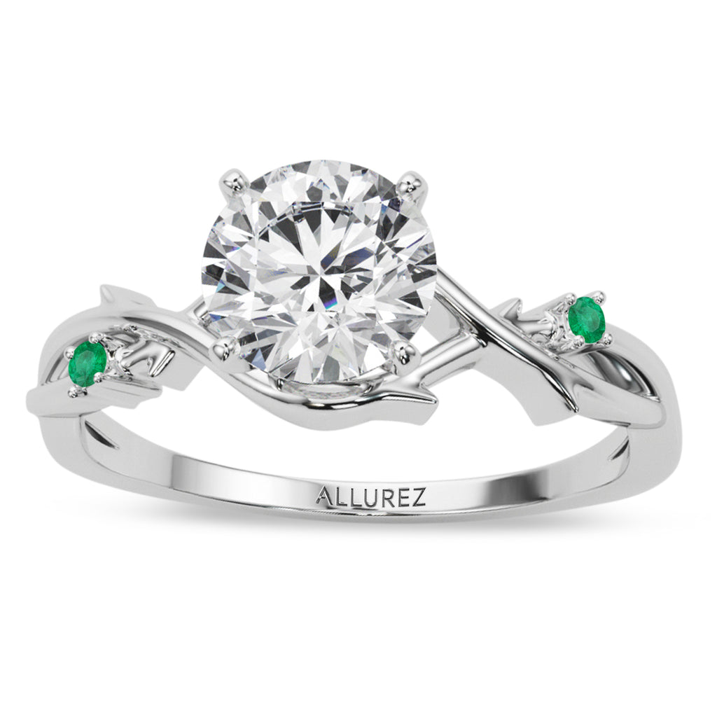Emerald Vine Leaf Solitaire Engagement Ring 18K White Gold (0.02ct)
