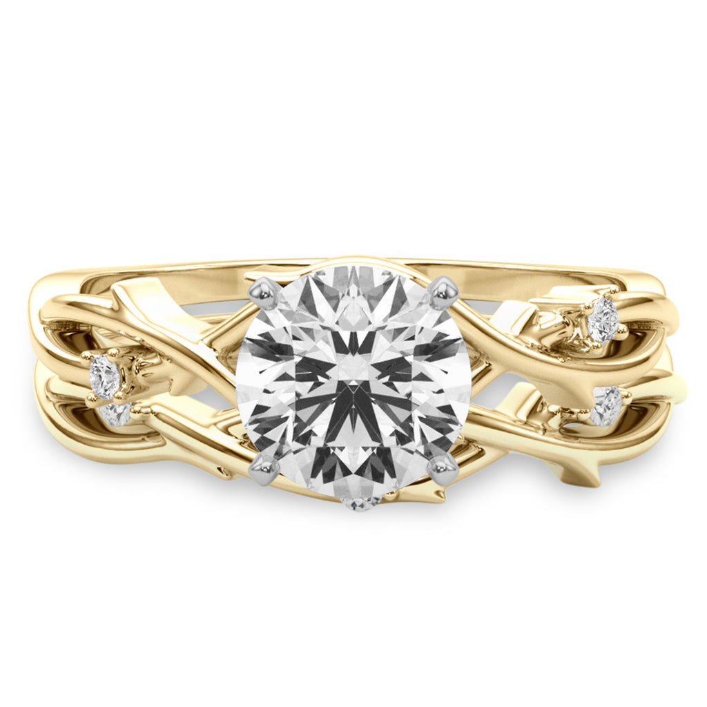 Round Diamond Vine Leaf Engagement Ring Bridal Set 14K Yellow Gold (0.05ct)