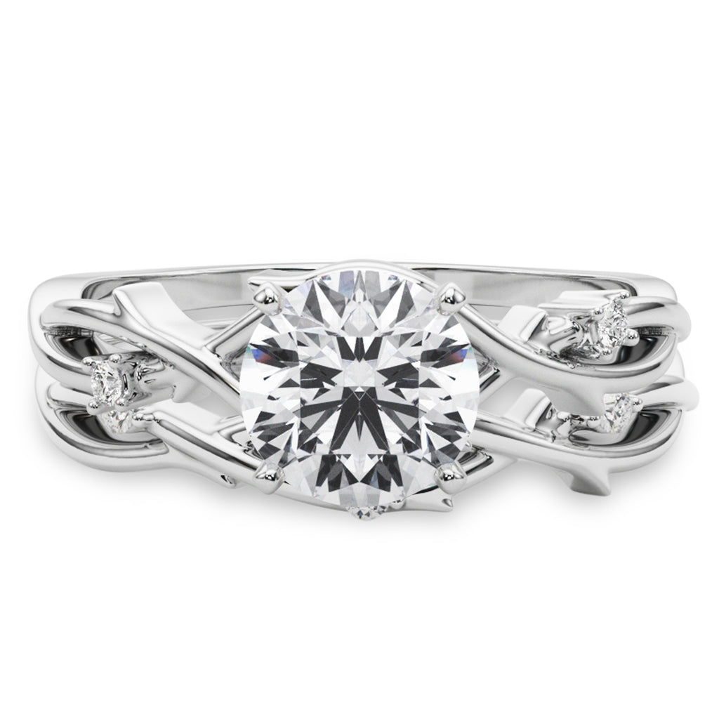 Round Diamond Vine Leaf Engagement Ring Bridal Set 18K White Gold (0.05ct)