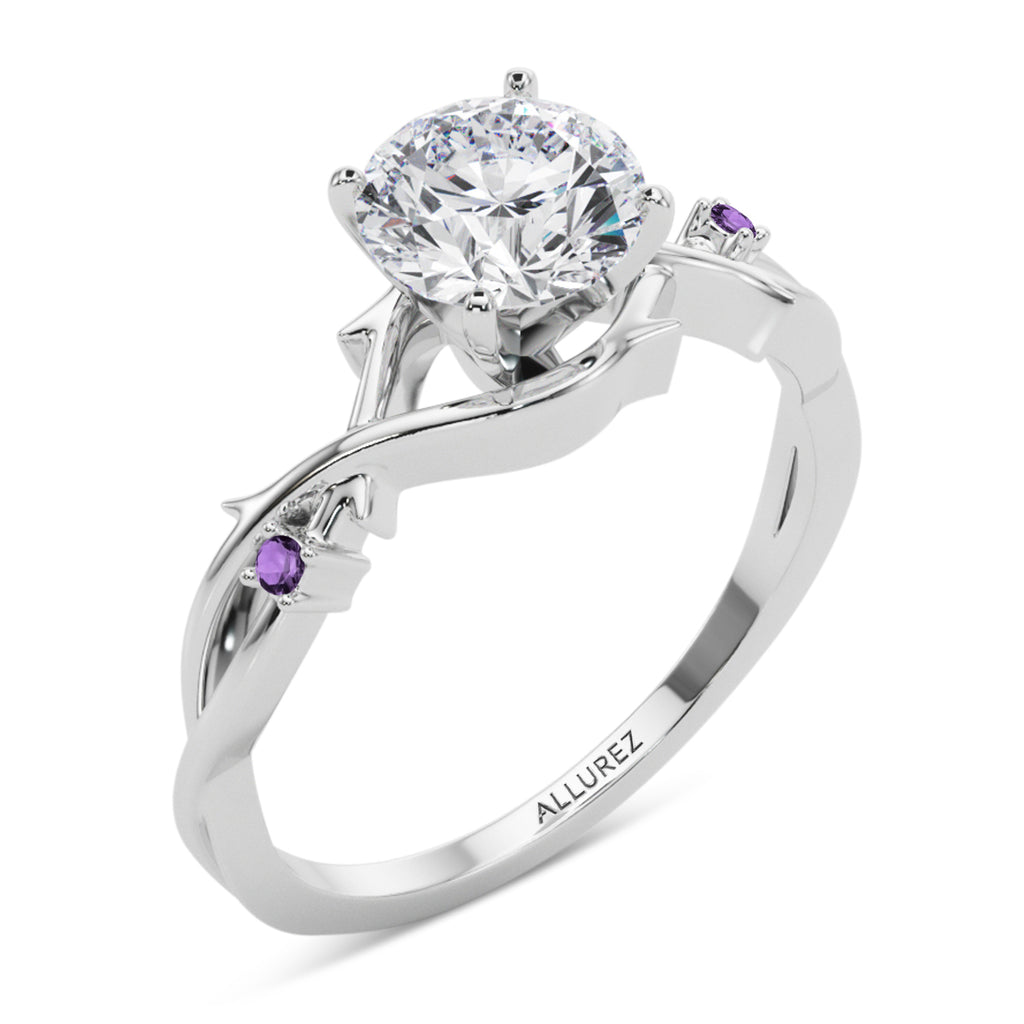 Round Amethyst Vine Leaf Engagement Ring Bridal Set 14K White Gold (0.05ct)