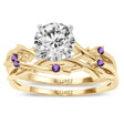 Round Amethyst Vine Leaf Engagement Ring Bridal Set 14K Yellow Gold (0.05ct)