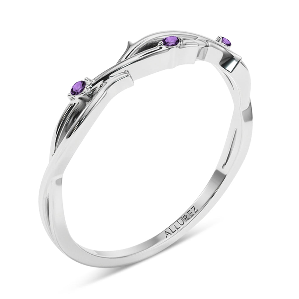 Round Amethyst Vine Leaf Engagement Ring Bridal Set in Palladium (0.05ct)