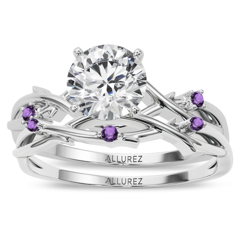 Round Amethyst Vine Leaf Engagement Ring Bridal Set in Platinum (0.05ct)