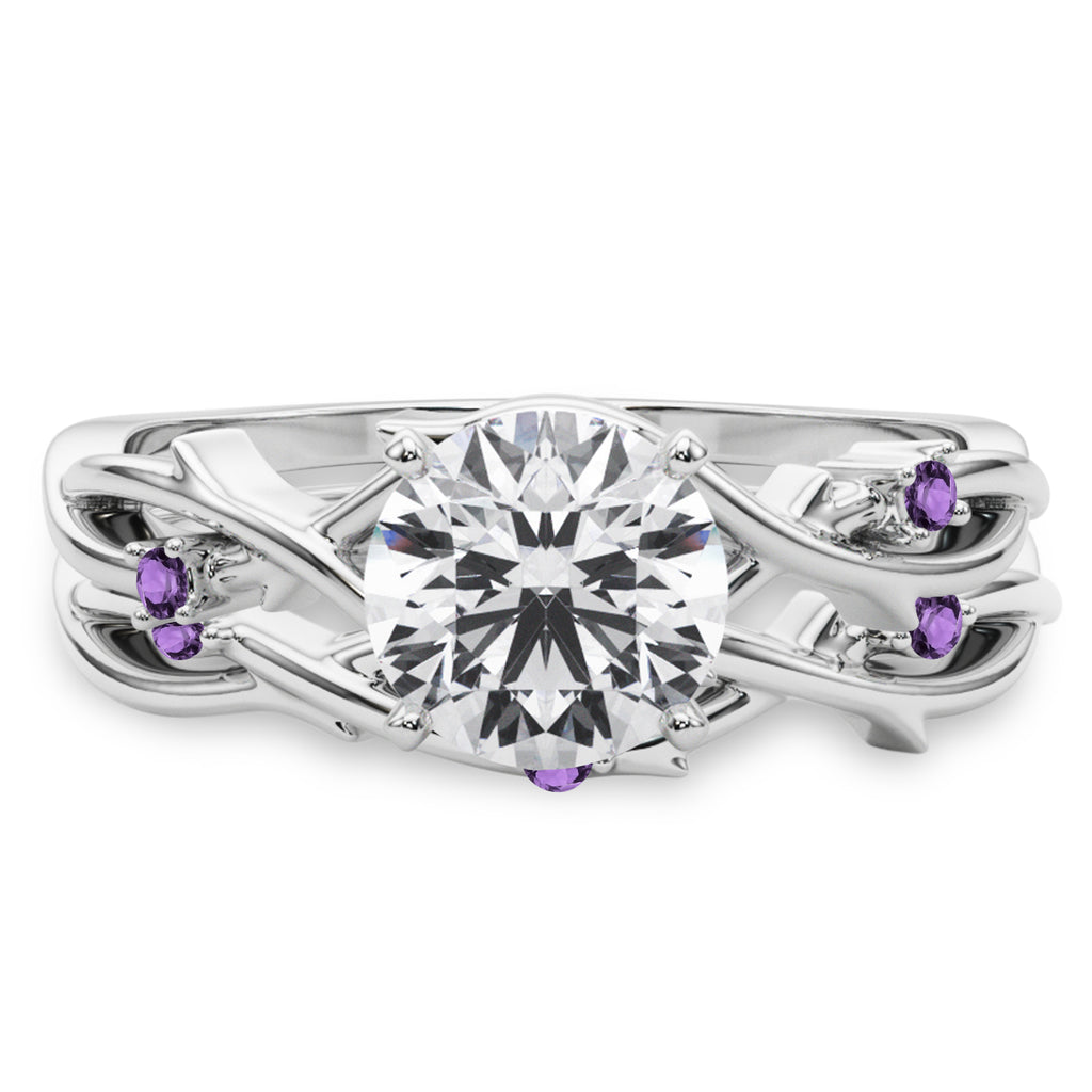 Round Amethyst Vine Leaf Engagement Ring Bridal Set in Platinum (0.05ct)