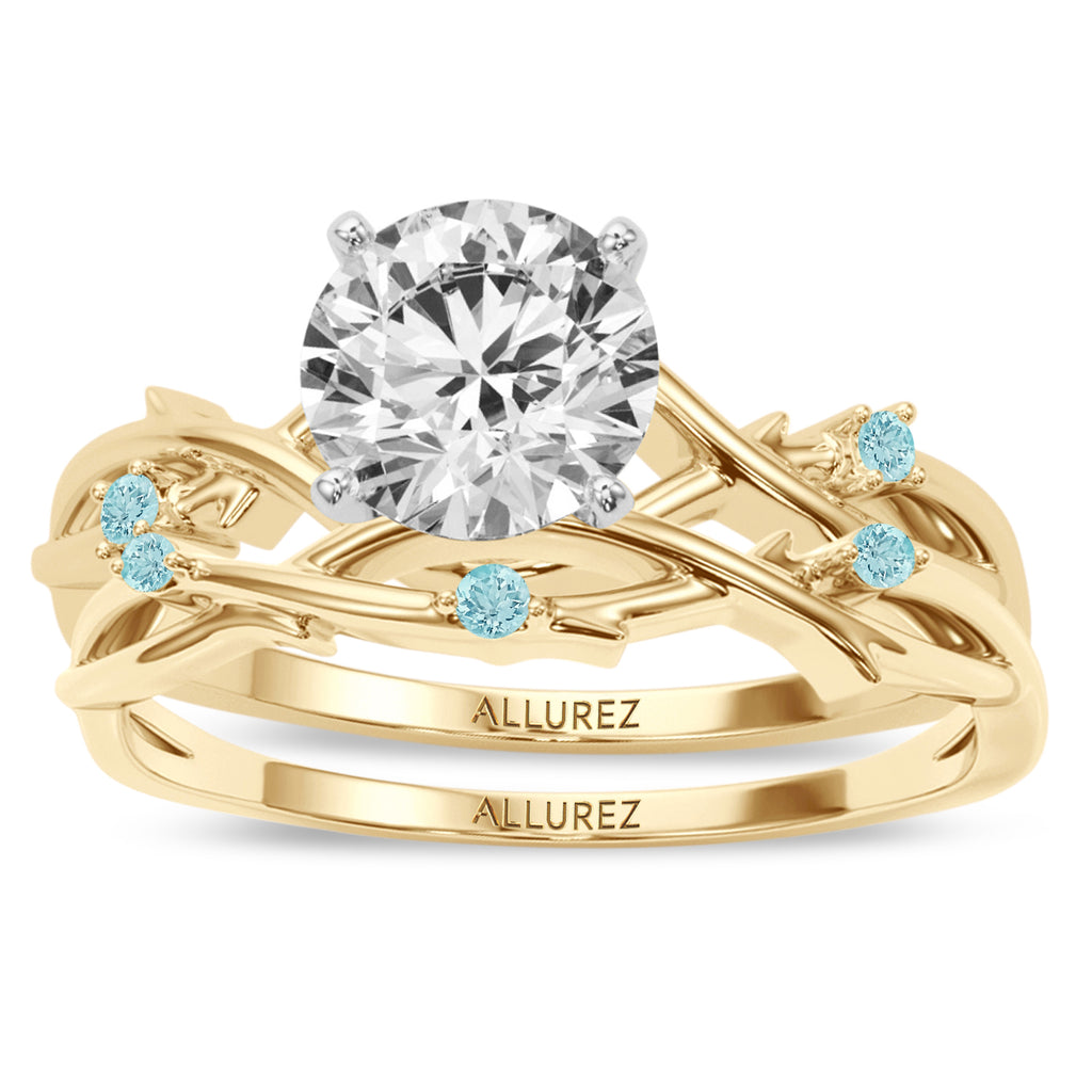 Round Aquamarine Vine Leaf Engagement Ring Bridal Set 14K Yellow Gold (0.05ct)
