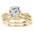Round Aquamarine Vine Leaf Engagement Ring Bridal Set 14K Yellow Gold (0.05ct)