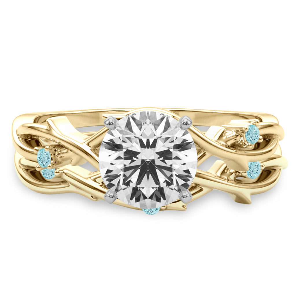 Round Aquamarine Vine Leaf Engagement Ring Bridal Set 14K Yellow Gold (0.05ct)