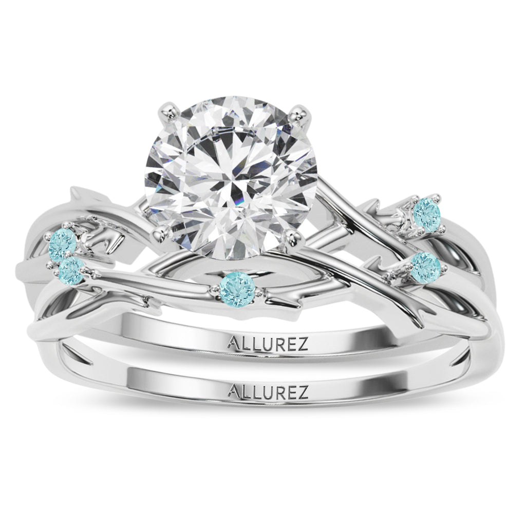 Round Aquamarine Vine Leaf Engagement Ring Bridal Set 18K White Gold (0.05ct)