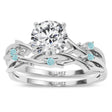 Round Aquamarine Vine Leaf Engagement Ring Bridal Set 18K White Gold (0.05ct)
