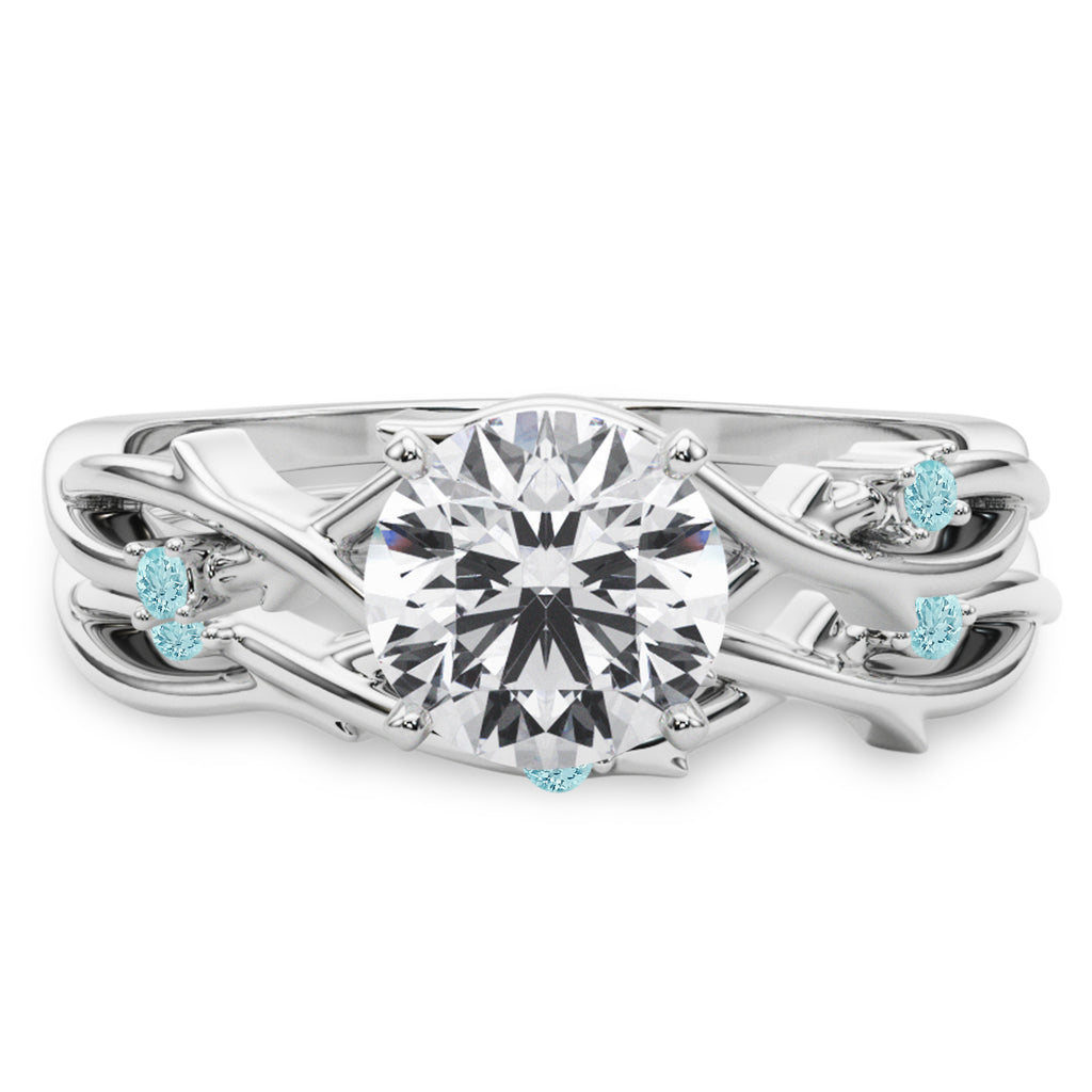 Round Aquamarine Vine Leaf Engagement Ring Bridal Set in Platinum (0.05ct)
