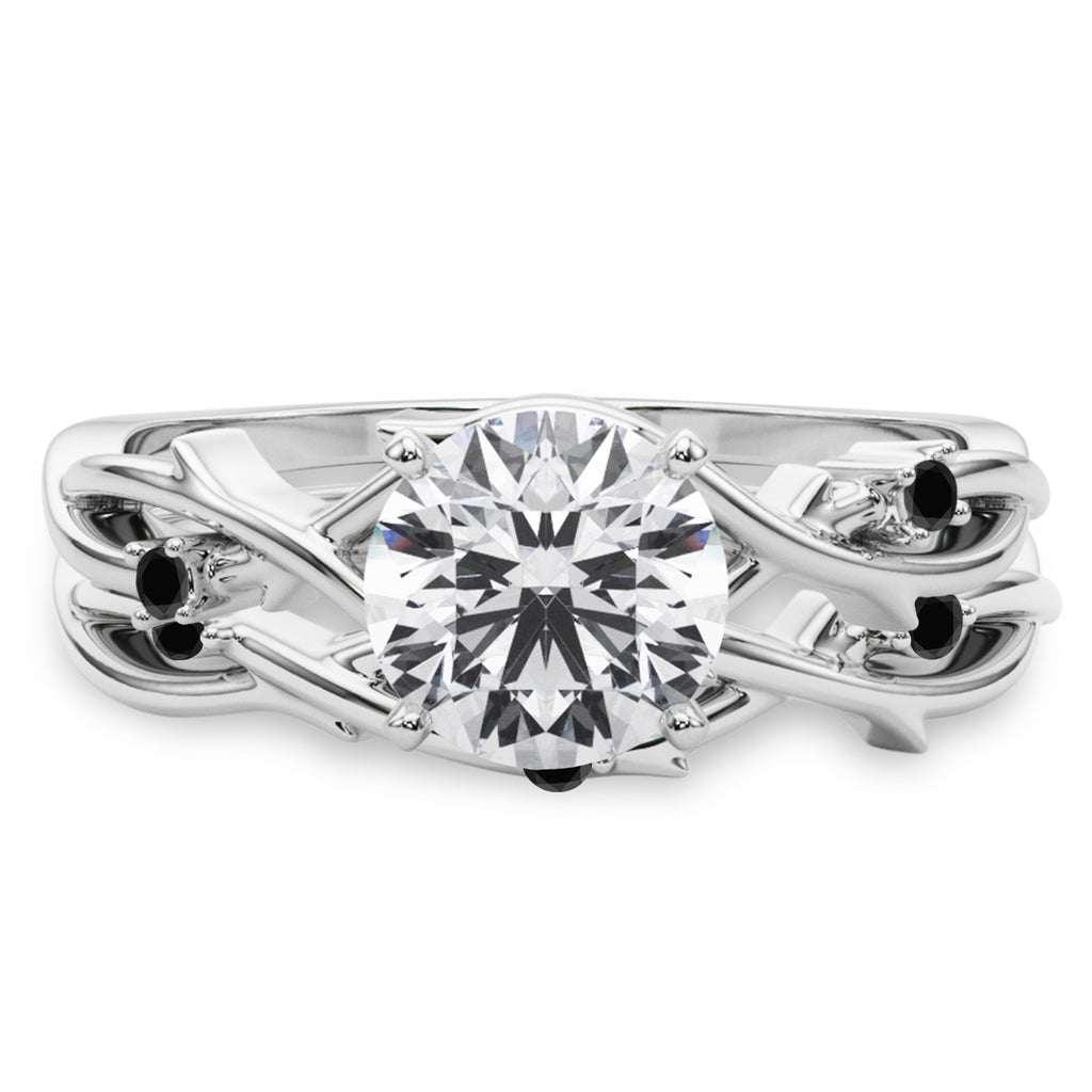 Black Diamond Vine Leaf Engagement Ring Bridal Set 14K White Gold (0.05ct)