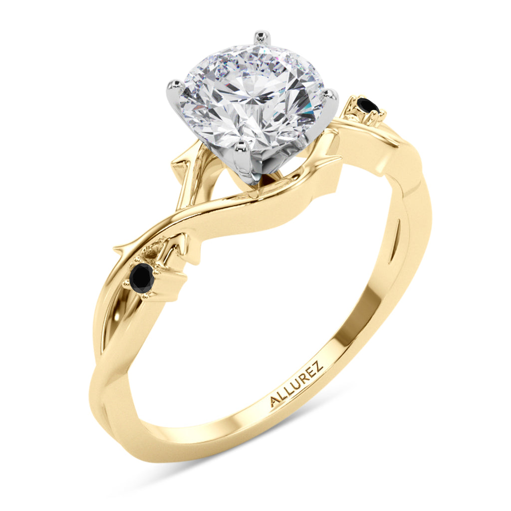 Black Diamond Vine Leaf Engagement Ring Bridal Set 18K Yellow Gold (0.05ct)