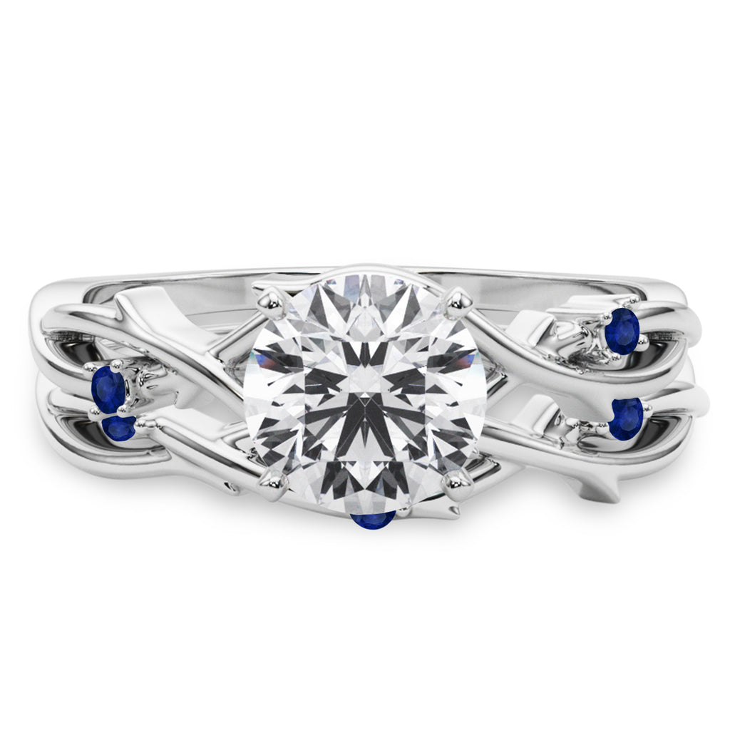 Round Blue Sapphire Vine Leaf Engagement Ring Bridal Set 14K White Gold (0.05ct)