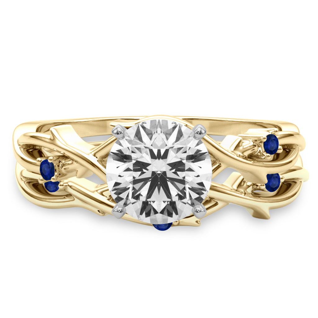 Round Blue Sapphire Vine Leaf Engagement Ring Bridal Set 18K Yellow Gold (0.05ct)