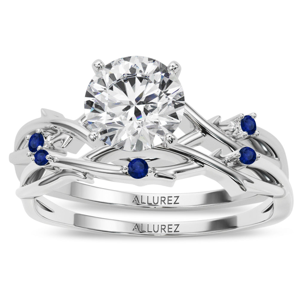 Round Blue Sapphire Vine Leaf Engagement Ring Bridal Set in Palladium (0.05ct)