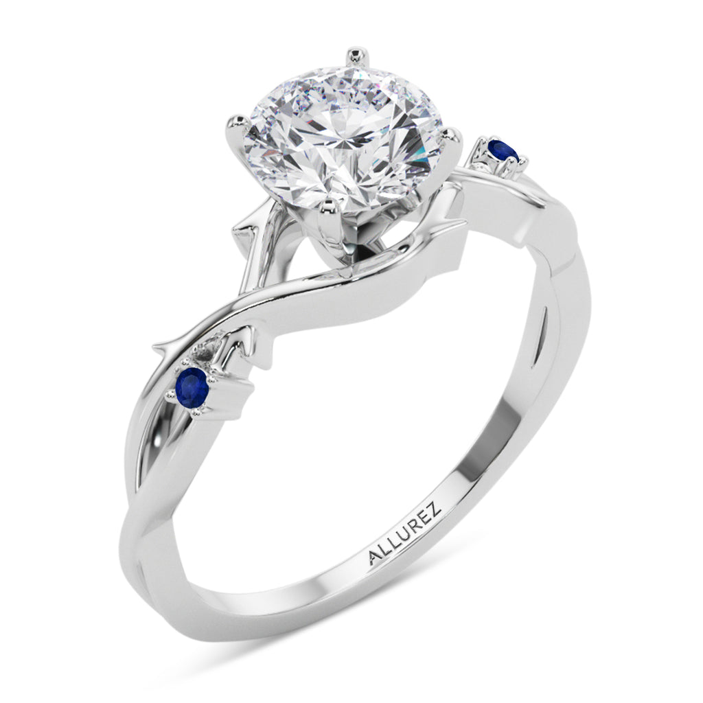 Round Blue Sapphire Vine Leaf Engagement Ring Bridal Set in Platinum (0.05ct)