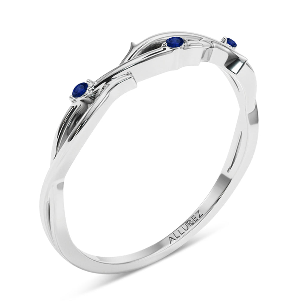 Round Blue Sapphire Vine Leaf Engagement Ring Bridal Set in Platinum (0.05ct)