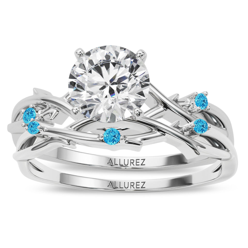 Round Blue Topaz Vine Leaf Engagement Ring Bridal Set 14K White Gold (0.05ct)