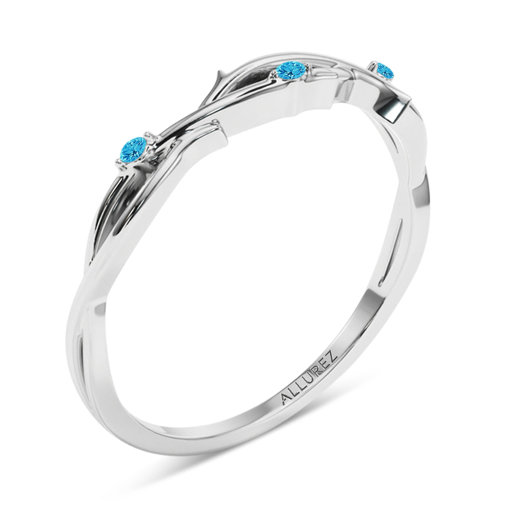 Round Blue Topaz Vine Leaf Engagement Ring Bridal Set 14K White Gold (0.05ct)