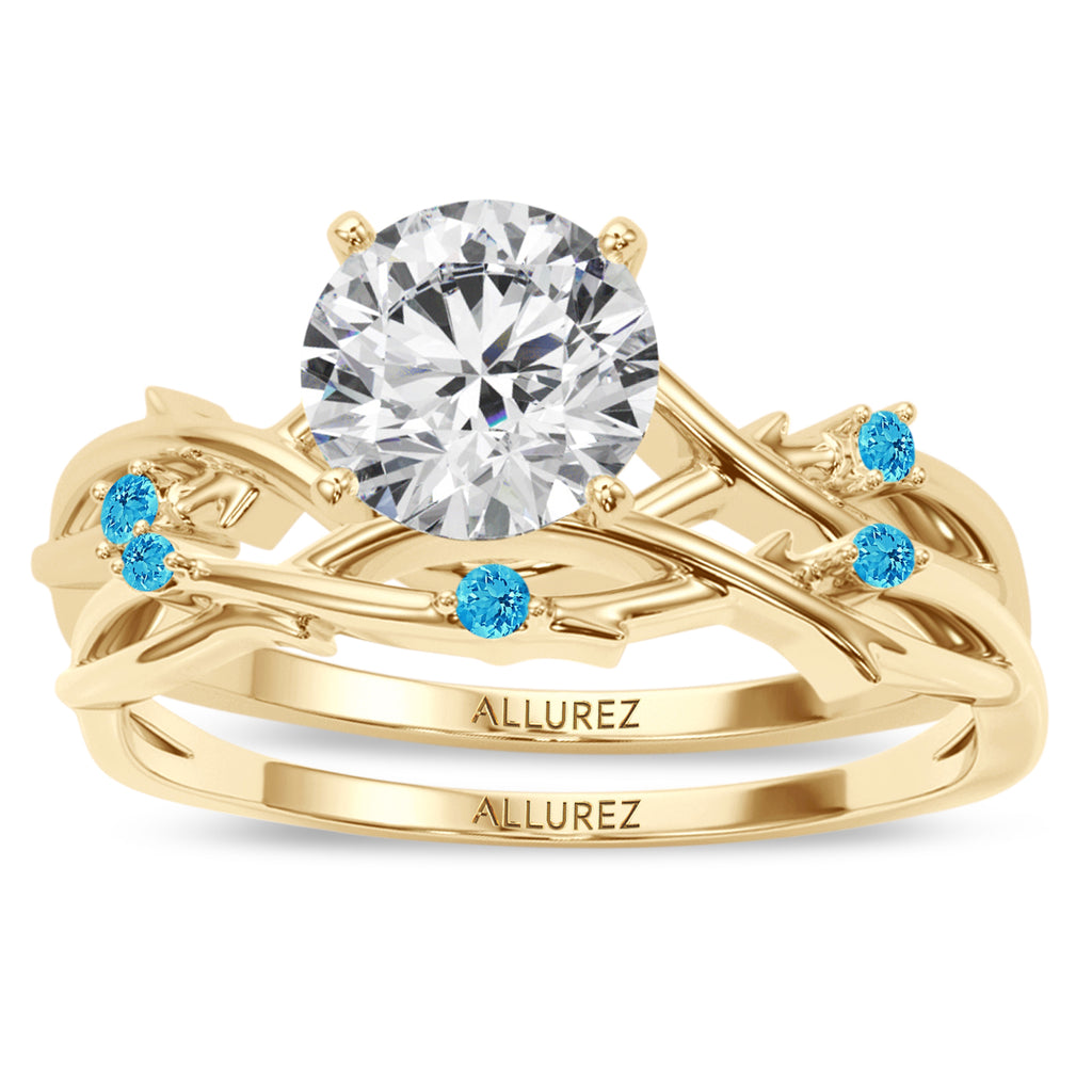 Round Blue Topaz Vine Leaf Engagement Ring Bridal Set 14K Yellow Gold (0.05ct)