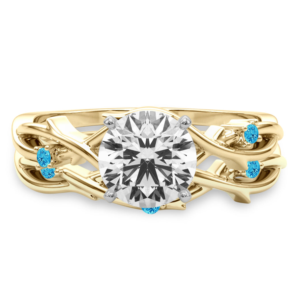 Round Blue Topaz Vine Leaf Engagement Ring Bridal Set 14K Yellow Gold (0.05ct)