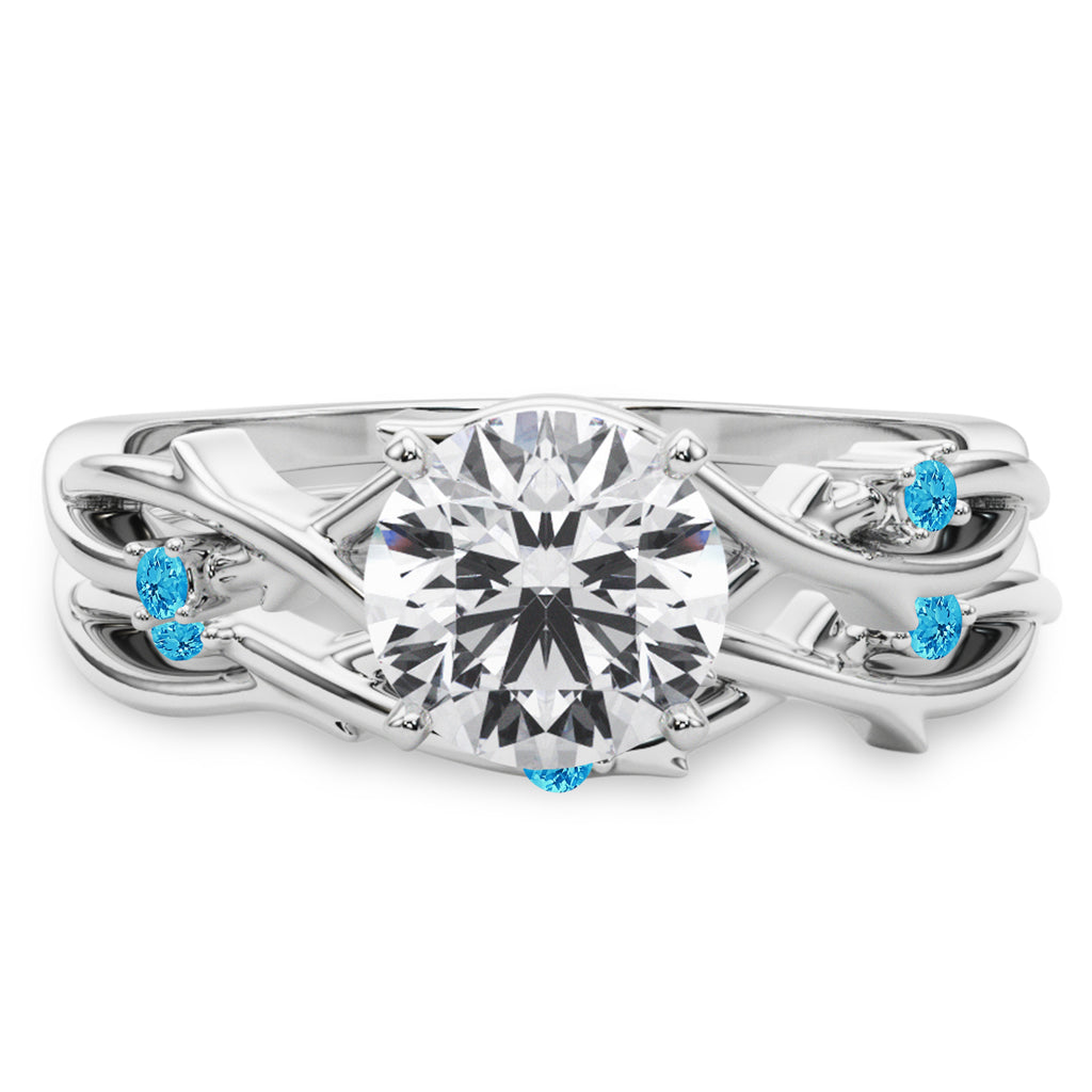 Round Blue Topaz Vine Leaf Engagement Ring Bridal Set 18K White Gold (0.05ct)