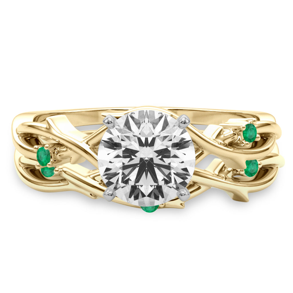 Round Emerald Vine Leaf Engagement Ring Bridal Set 18K Yellow Gold (0.05ct)