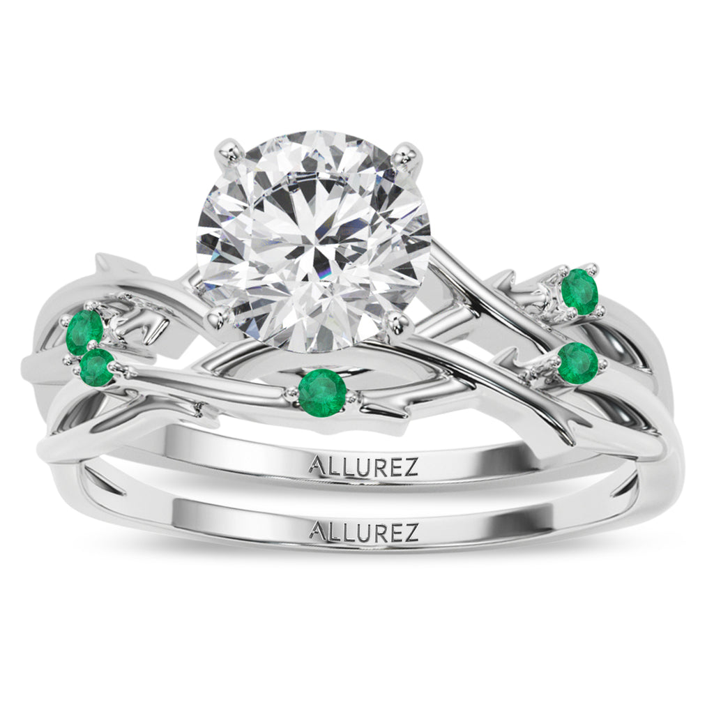 Round Emerald Vine Leaf Engagement Ring Bridal Set in Palladium (0.05ct)