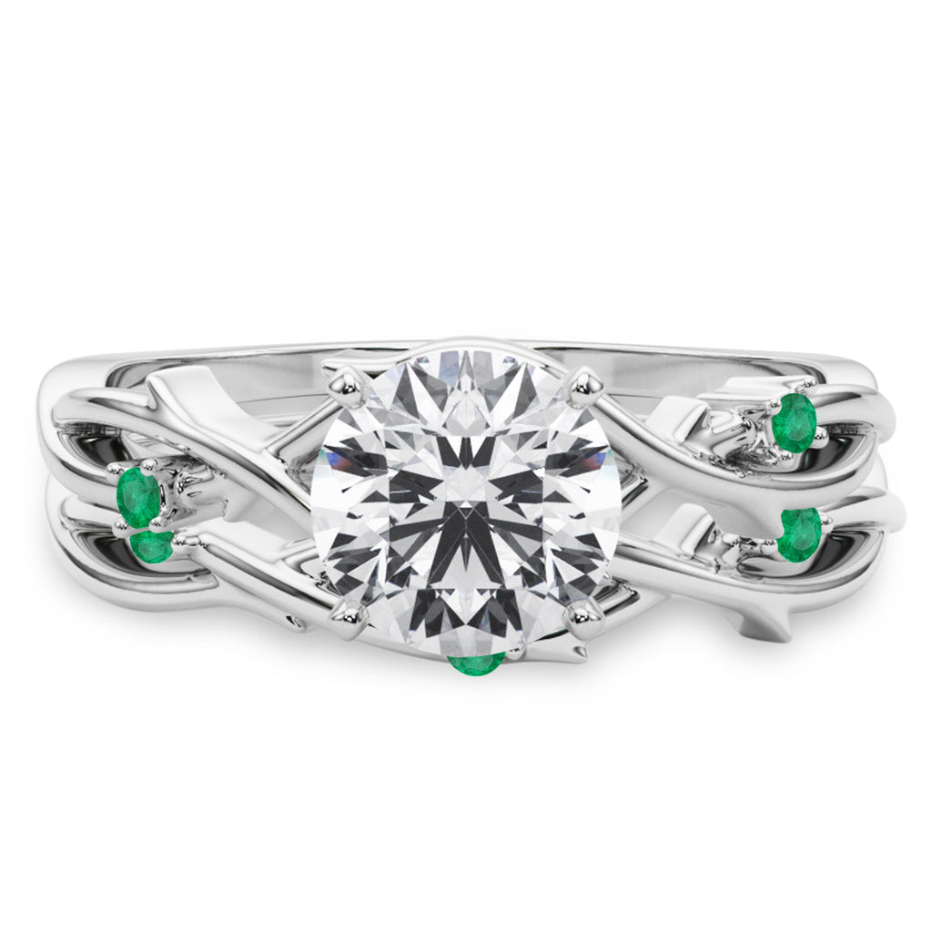 Round Emerald Vine Leaf Engagement Ring Bridal Set in Palladium (0.05ct)