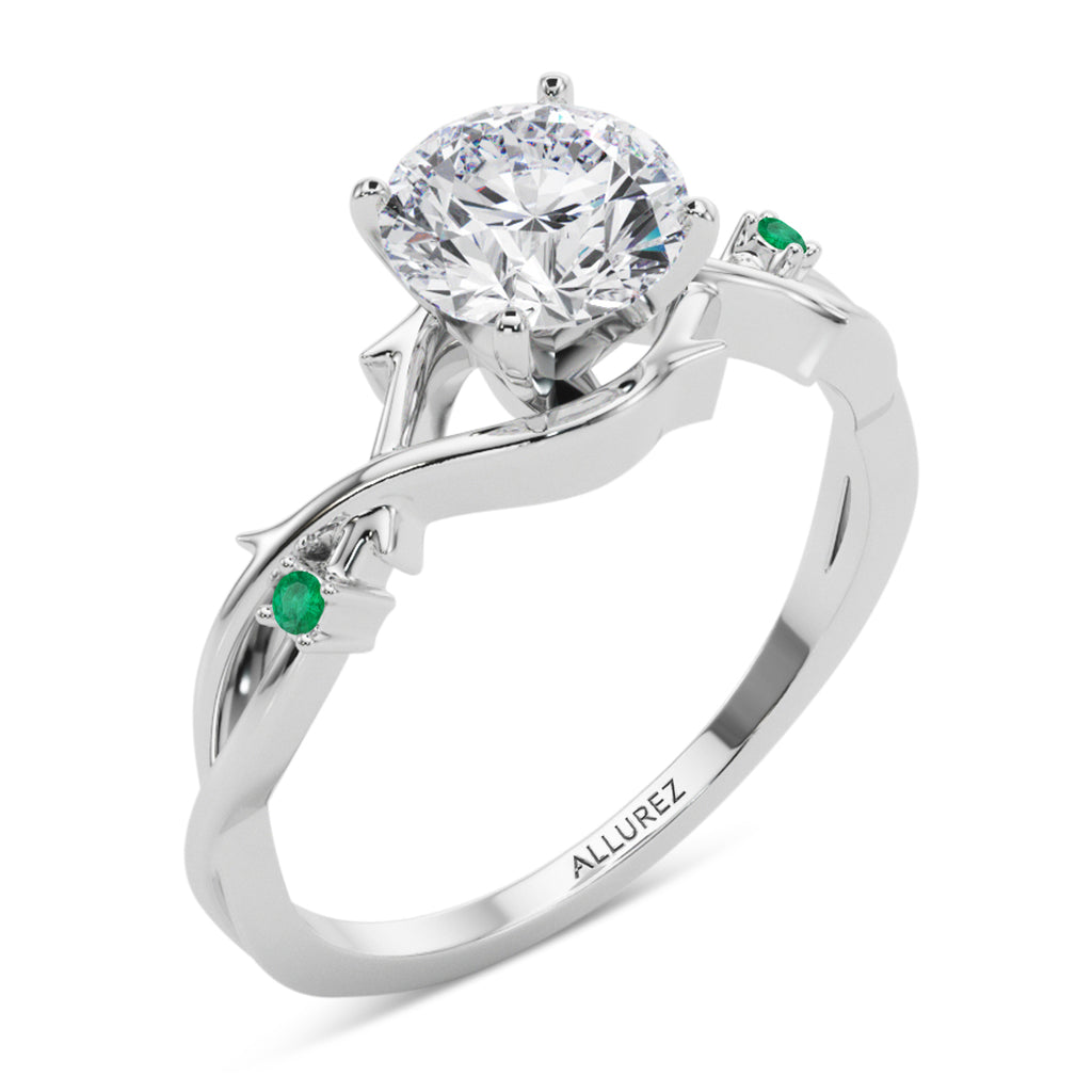 Round Emerald Vine Leaf Engagement Ring Bridal Set in Palladium (0.05ct)