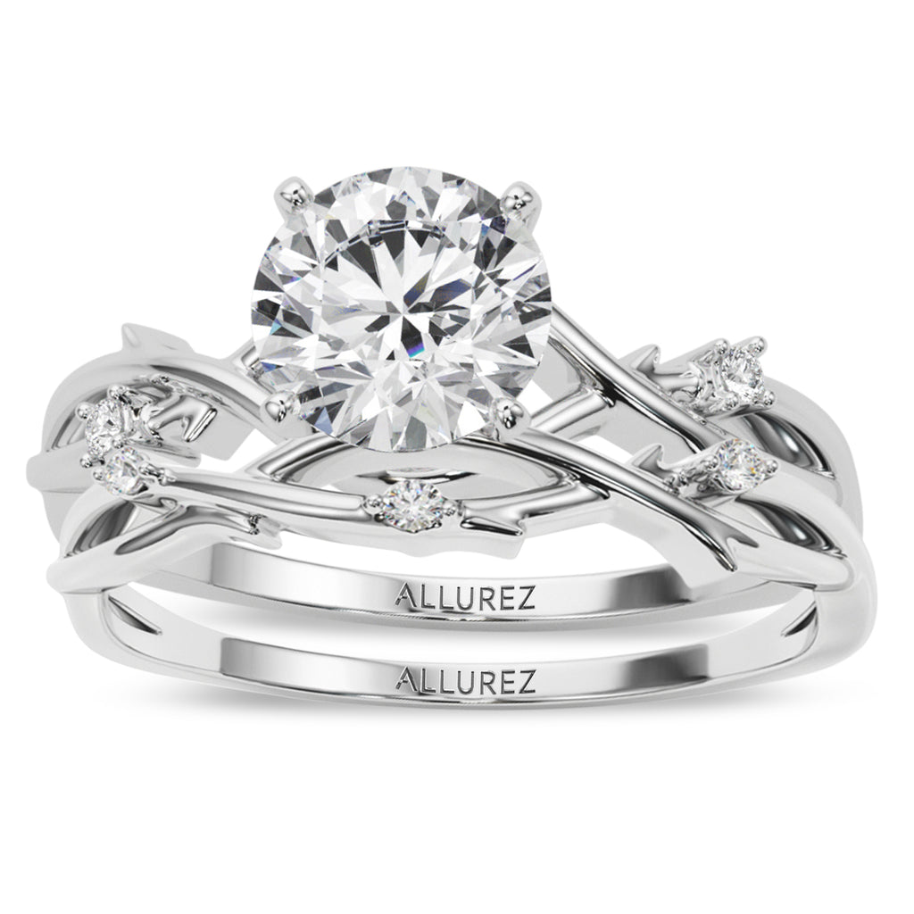 Round Lab Diamond Vine Leaf Engagement Ring Bridal Set 18K White Gold (0.05ct)