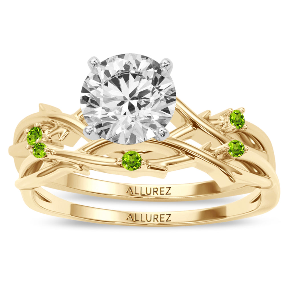 Round Peridot Vine Leaf Engagement Ring Bridal Set 14K Yellow Gold (0.05ct)