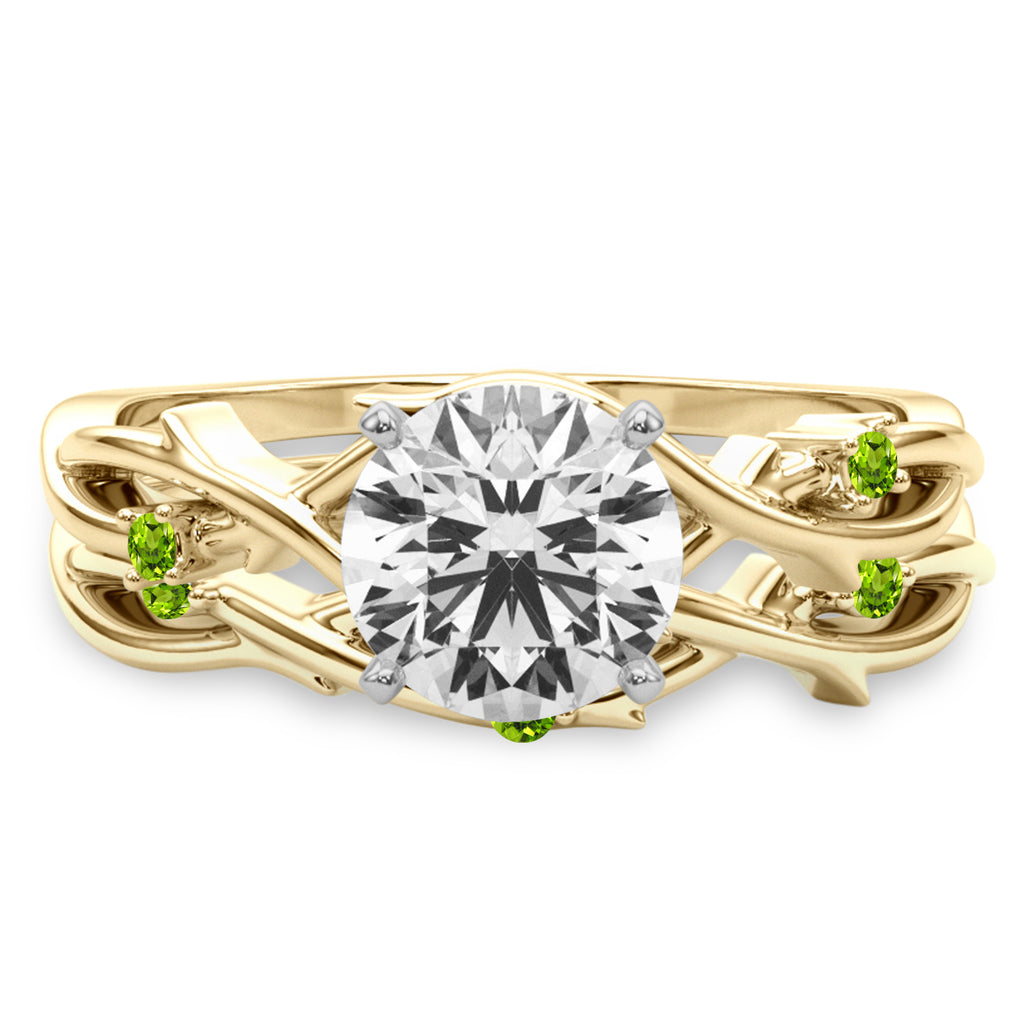 Round Peridot Vine Leaf Engagement Ring Bridal Set 14K Yellow Gold (0.05ct)
