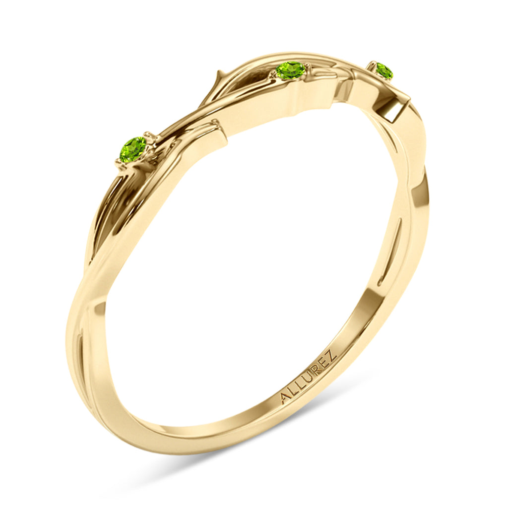 Round Peridot Vine Leaf Engagement Ring Bridal Set 18K Yellow Gold (0.05ct)