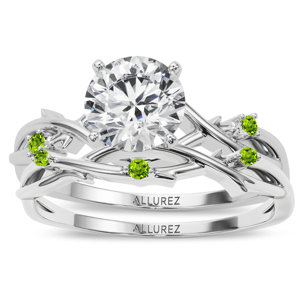 Round Peridot Vine Leaf Engagement Ring Bridal Set in Platinum (0.05ct)