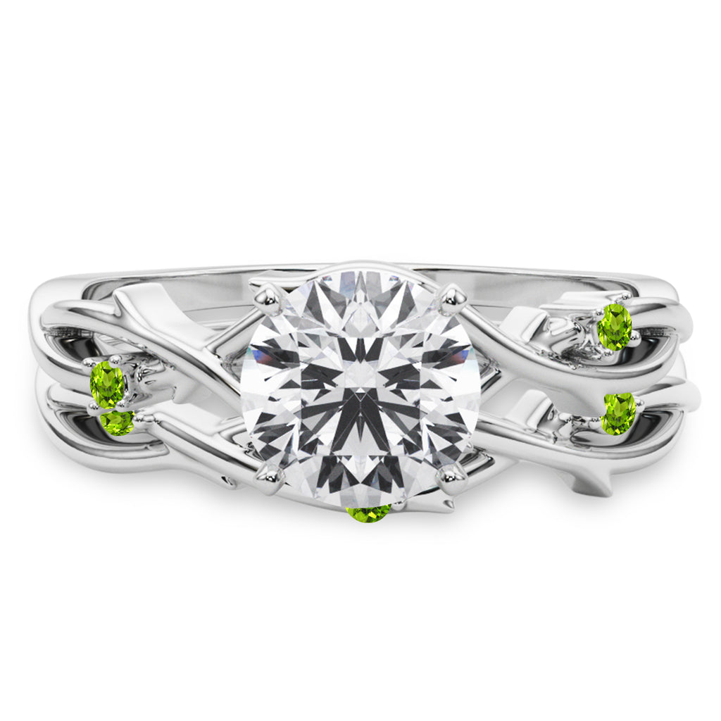 Round Peridot Vine Leaf Engagement Ring Bridal Set in Platinum (0.05ct)