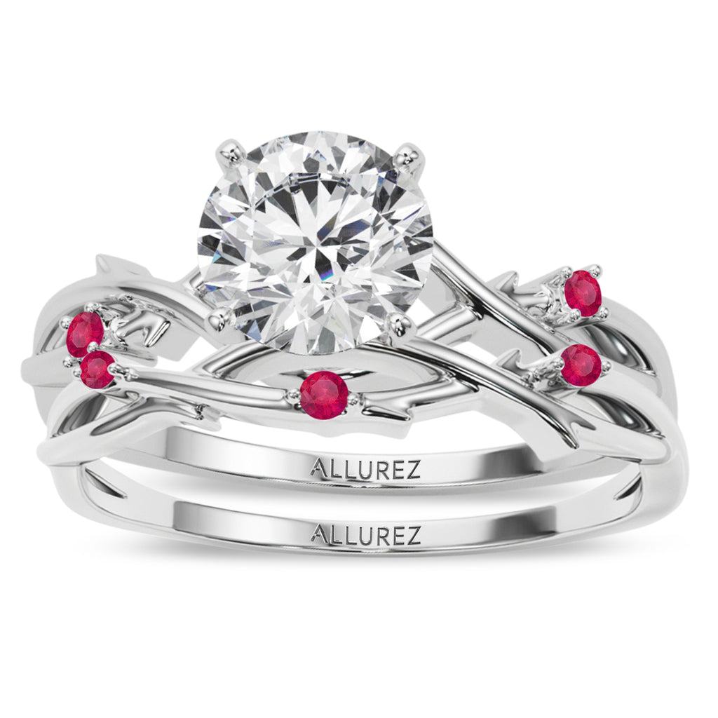 Round Ruby Vine Leaf Engagement Ring Bridal Set 18K White Gold (0.05ct)