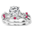 Round Ruby Vine Leaf Engagement Ring Bridal Set 18K White Gold (0.05ct)