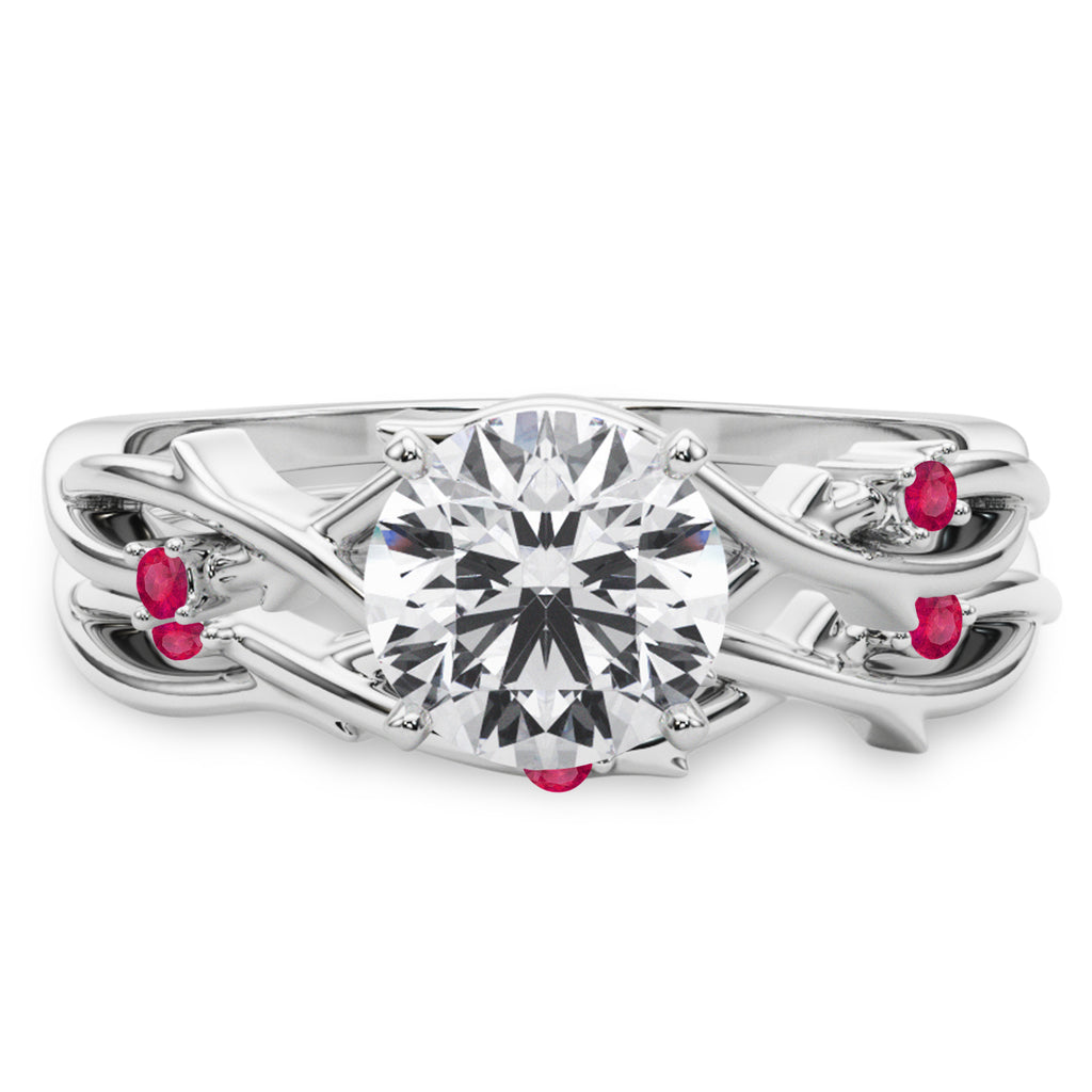 Round Ruby Vine Leaf Engagement Ring Bridal Set 18K White Gold (0.05ct)