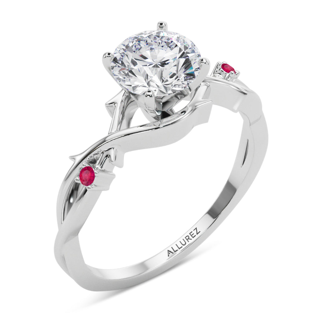 Round Ruby Vine Leaf Engagement Ring Bridal Set 18K White Gold (0.05ct)