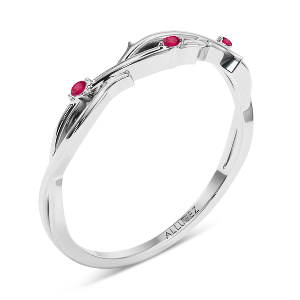 Round Ruby Vine Leaf Engagement Ring Bridal Set 18K White Gold (0.05ct)